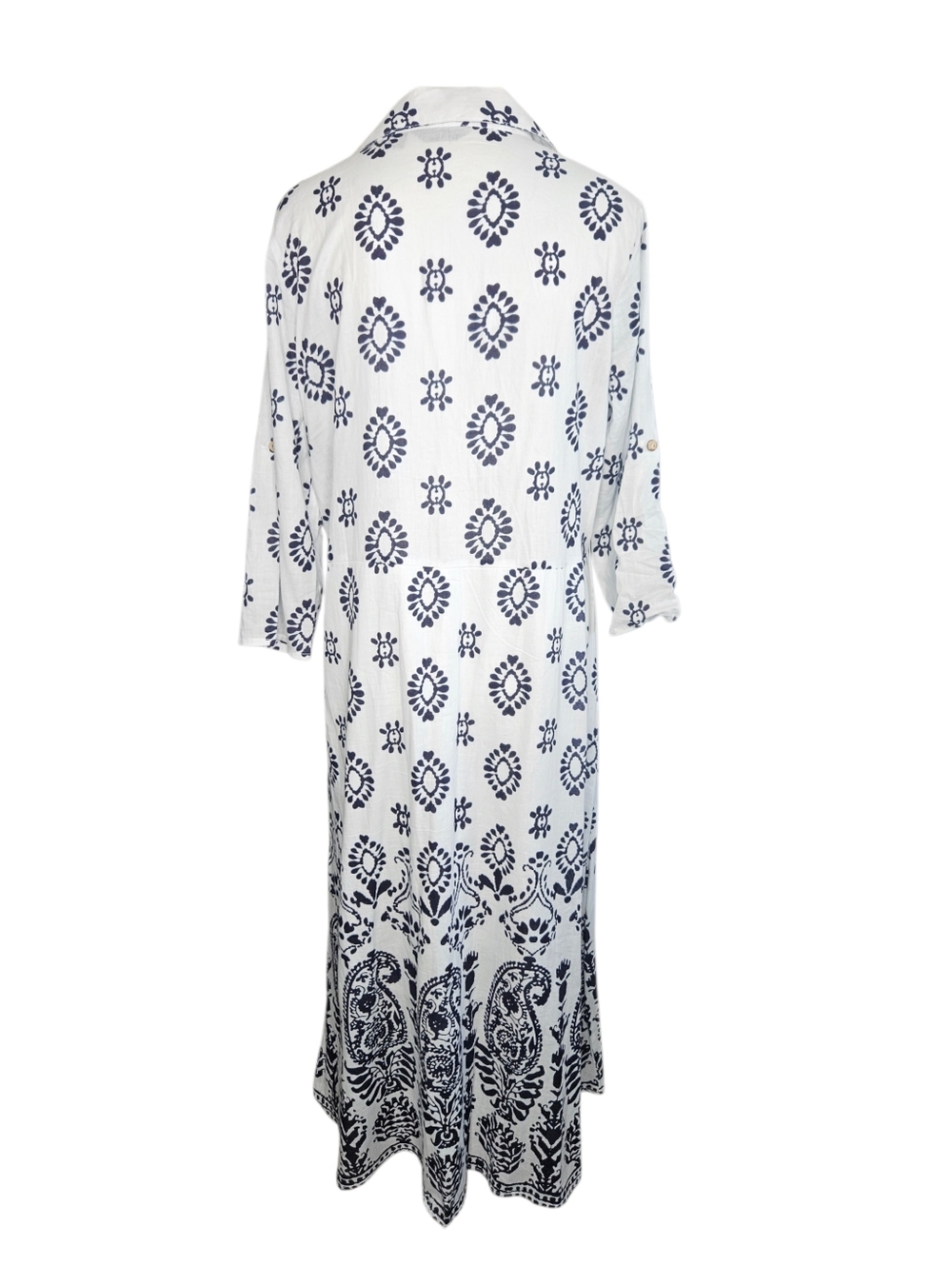 Mlle Gabrielle Blue White Boho Midi Dress Coastal Grandma Resort 3/4 Sleeve LG - Picture 4 of 12